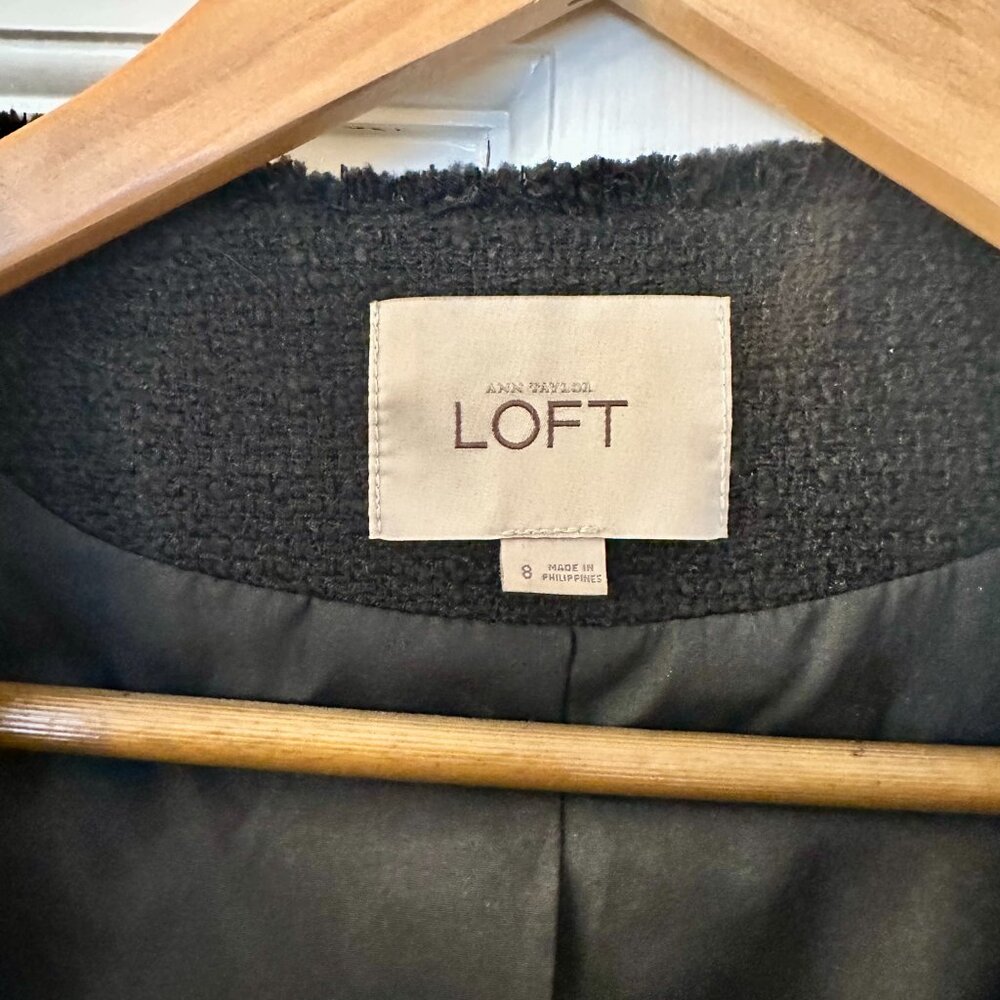 LOFT black tweed open fringed blazer size 8 - Picture 4 of 5